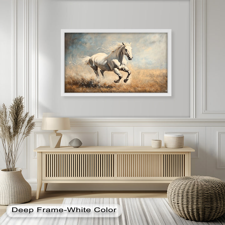 Lone stallion running free in a sunlit landscape painting.
