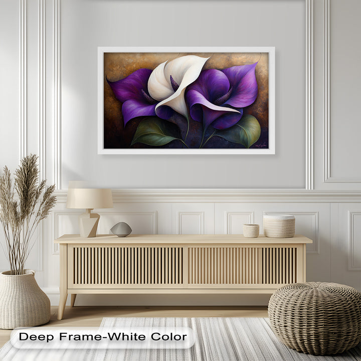Sophisticated floral composition blending vibrant purples and creamy whites.
