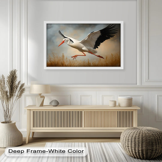 Negative space surrounds a stork in flight over golden grasses in this animal modern oil painting art, creating a captivating composition.