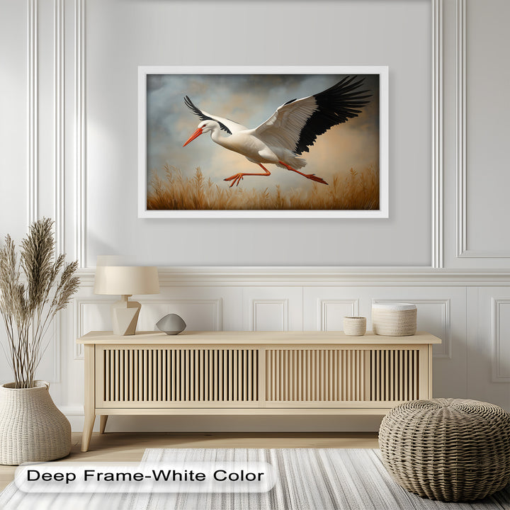 Stork in Flight over Golden Grasses – Animal Oil Painting