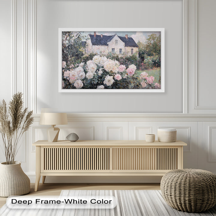 Cottage Garden Roses – Impressionist Floral House Scene Oil Painting