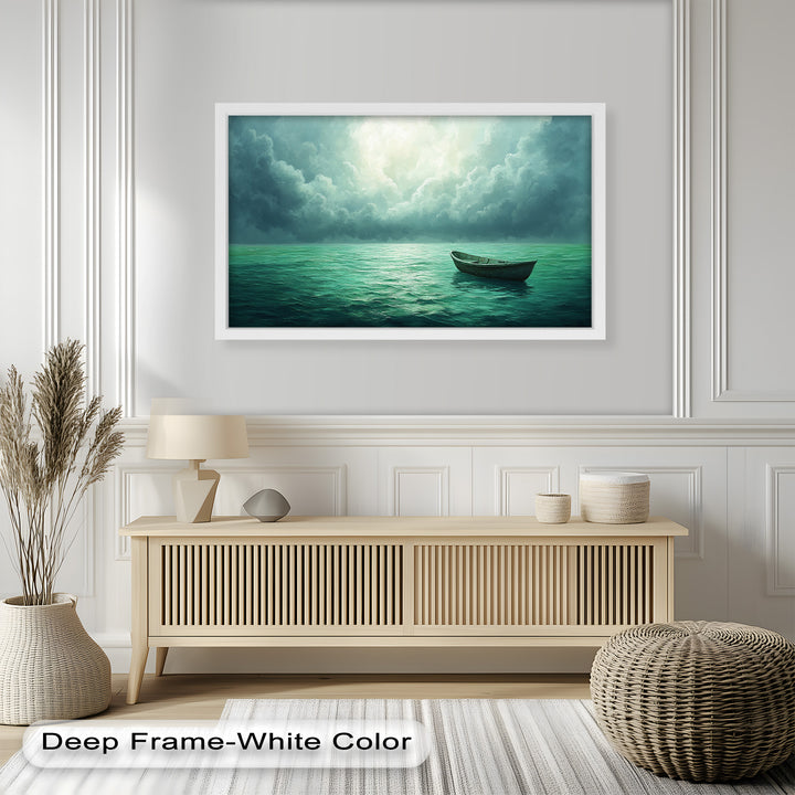 Solitude Adrift – Serene Empty Rowboat Oil Painting