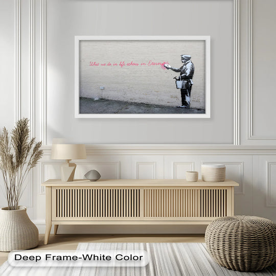 Bringing attention to the message, this modern oil painting art features a figure painting 'What we do in life echoes in Eternity' in striking detail as the focal point.