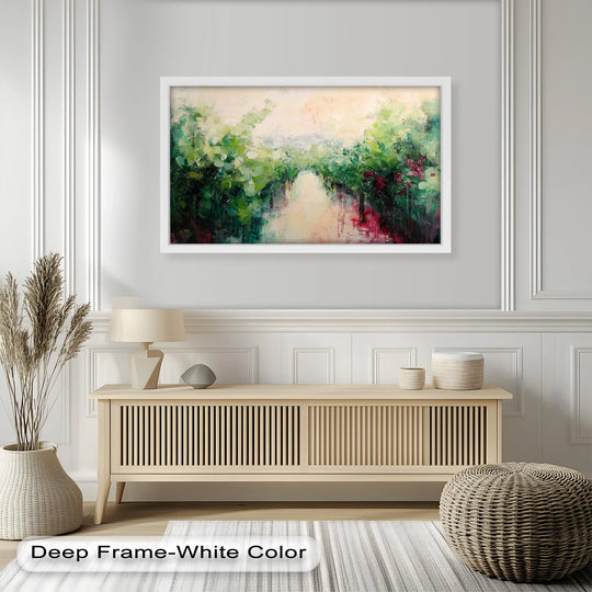 Canvas wall art featuring a lush green abstract oil painting with verdant reflections and rich red accents.