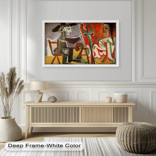 Repeating angular strokes and blocks of color create a visual rhythm in this studio scene oil painting art piece depicting the painter and the muse.