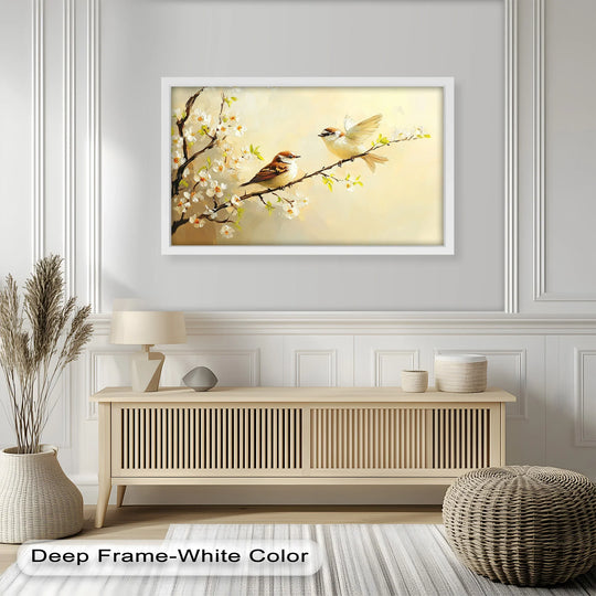 Rectangular 'Spring Conversation' oil painting art piece showcases angular branches, contrasted by the soft curves of blossoms and birds, all framed by clean, sharp lines.