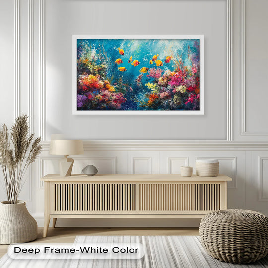Softest hues of blue give a dreamlike quality to this coral reef scene in an expressive animal oil painting art piece, featuring bright tropical fish swimming throughout.