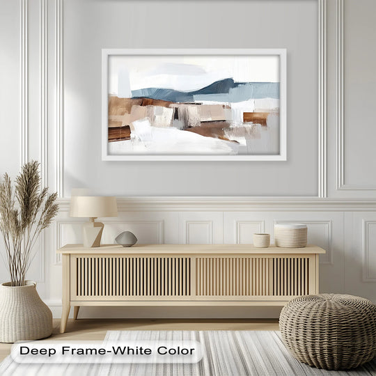 Cool color temperature contrasts with warm neutrals in this Muted Horizon Layers abstract oil painting home decor, bringing depth to the mountain landscape artwork.
