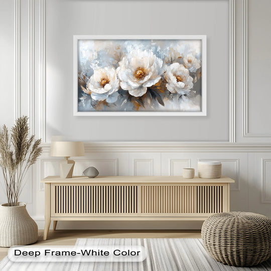 Transitional soft ivory hues blend into golden accents in this oil painting home decor, depicting a white peony bouquet flower with soft gray undertones.