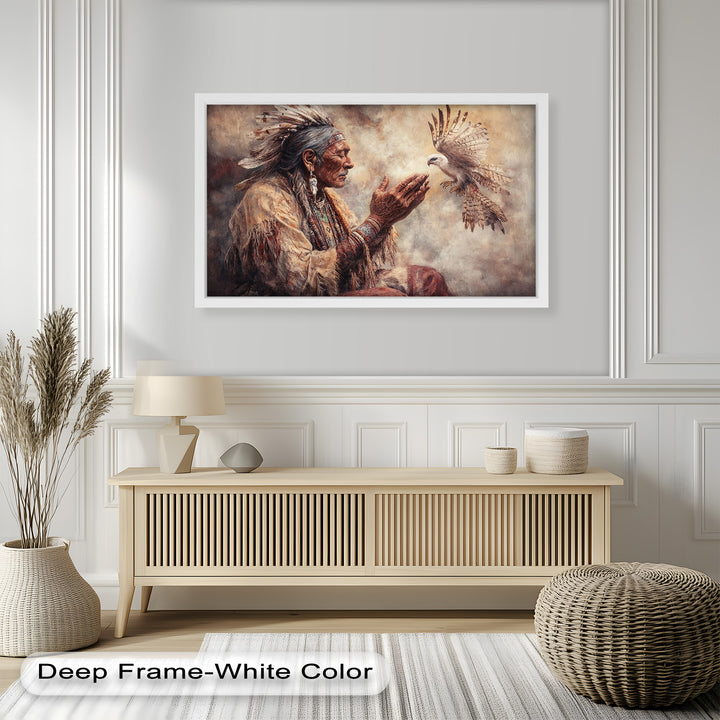 Whisper to the Spirit – Native Elder and Falcon Oil Painting
