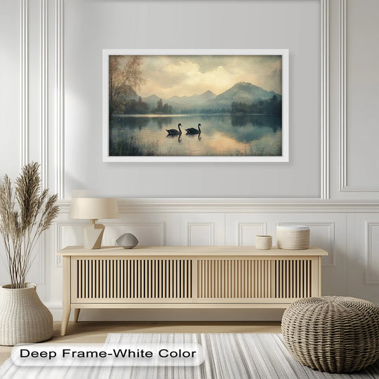 Horizontal and rectangular oil painting wall art depicts black swans on a misty mountain lake in a framed print, showcasing a landscape scene.
