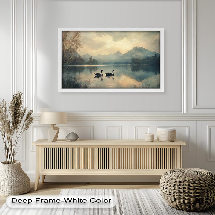 Black Swans on a Mountain Lake – Modern Oil Painting