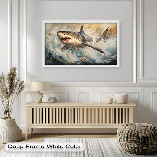 Negative space emphasizes the wall around this animal oil painting, showcasing a great white shark leaping, with the deep frame enhancing the bold oil painting reproduction print.