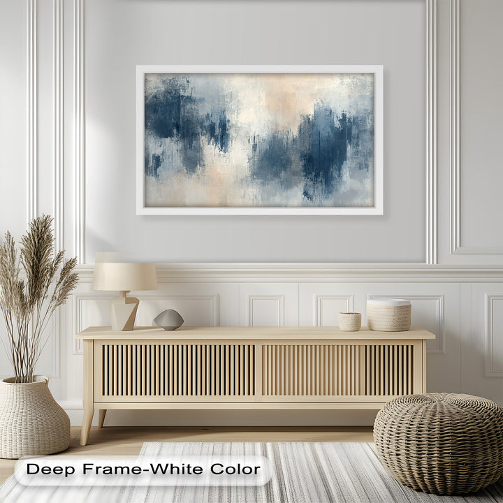 Echoes in Mist – Stimmungsvolles abstraktes Ölgemälde in Blau und Beige