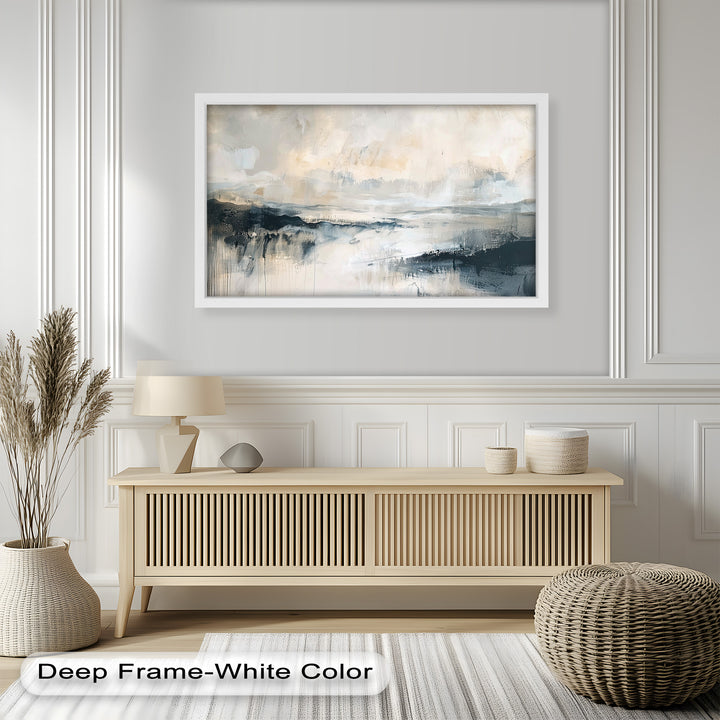 A moody and textured abstract seascape unfolds in this piece, where the contrast between light and shadow brings an elegant and contemporary touch to the composition.