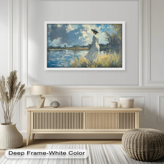 Repeating brushstrokes of the impressionist landscape create a visual rhythm in this Lady by the River oil painting decoration, with a woman standing near tranquil waters.