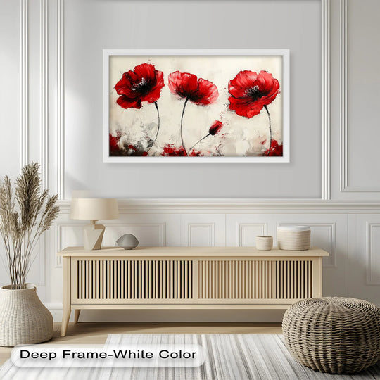 The realistic detail shows the crimson elegance in this bold red poppies on cream flower oil painting art piece, where brushstrokes bring the floral canvas to life.