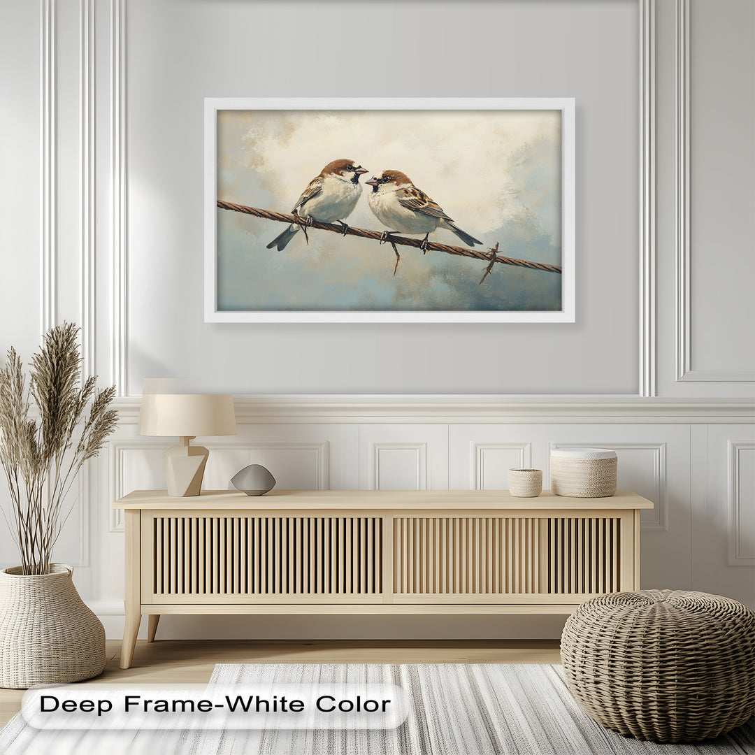 Two Sparrows on a Wire – Bird Oil Painting