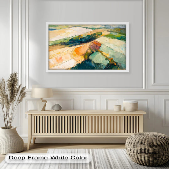 Framed by classic white wall panels, the background subtly enhances this vibrant Golden Divide oil painting artwork of abstract landscape fields.