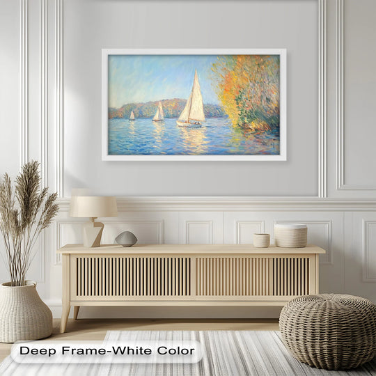Brushstrokes give a tangible surface texture to this modern oil painting art of sailboats on a shimmering lake at sunset, showcasing rich impressionist detail.