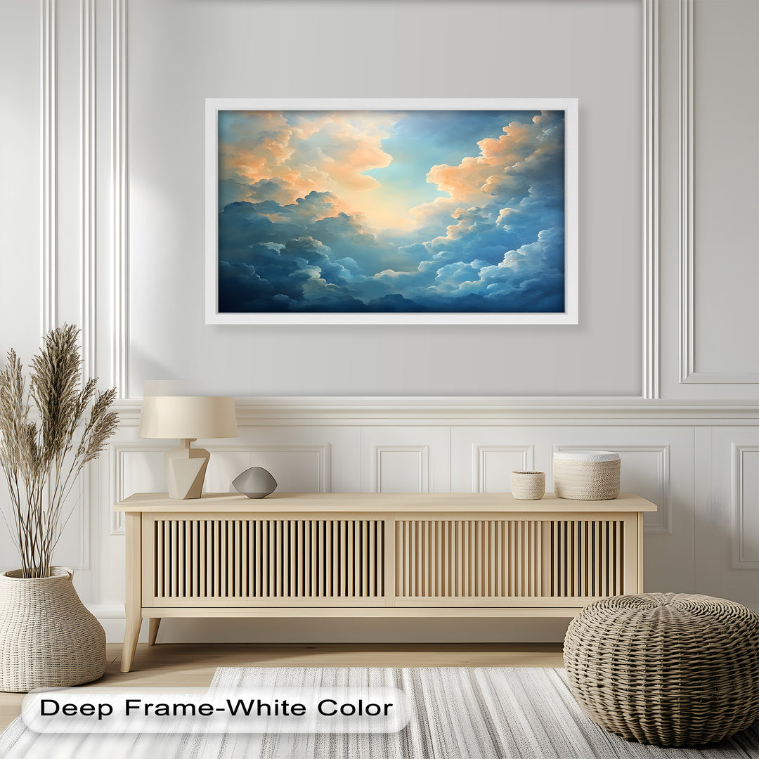 A breathtaking cloudscape unfolds in this ethereal painting, where soft billowing clouds in shades of blue, gold, and peach create a mesmerizing window to the sky.
