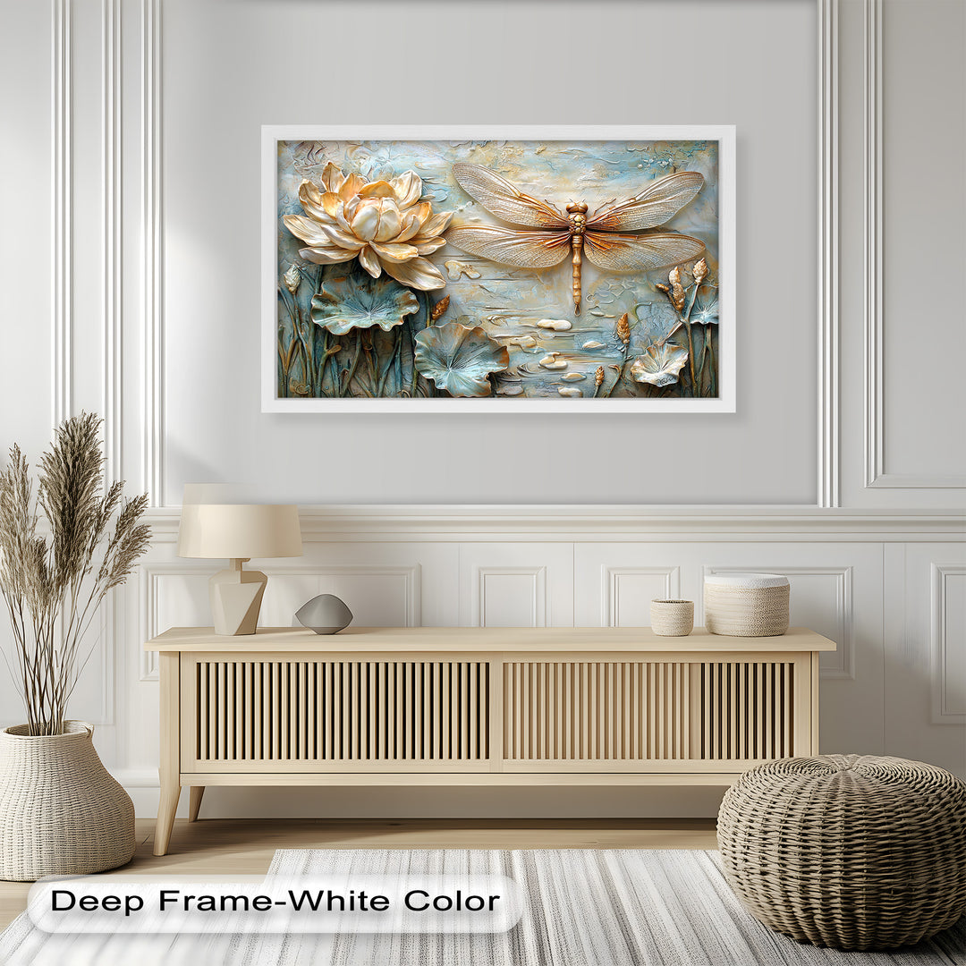 A stunning 3D relief artwork featuring a golden dragonfly with intricate wings hovering beside a blooming lotus, set against a textured aquatic background.