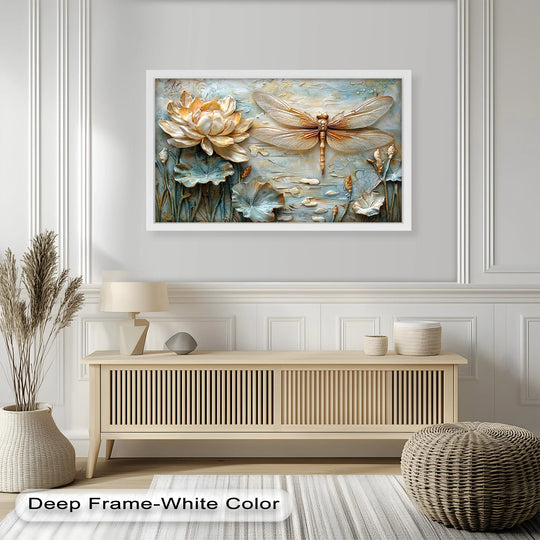 Exploring the abstract quality of the elegant nature-inspired oil painting decoration reveals retro dragonflies and lotus flowers rendered with textured, vintage-inspired elegance.