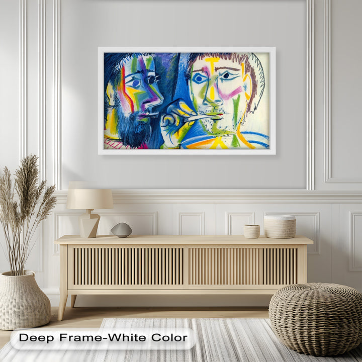 Portrait of intimacy and friendship, conveyed through vivid crayon-like textures and abstract facial geometry.