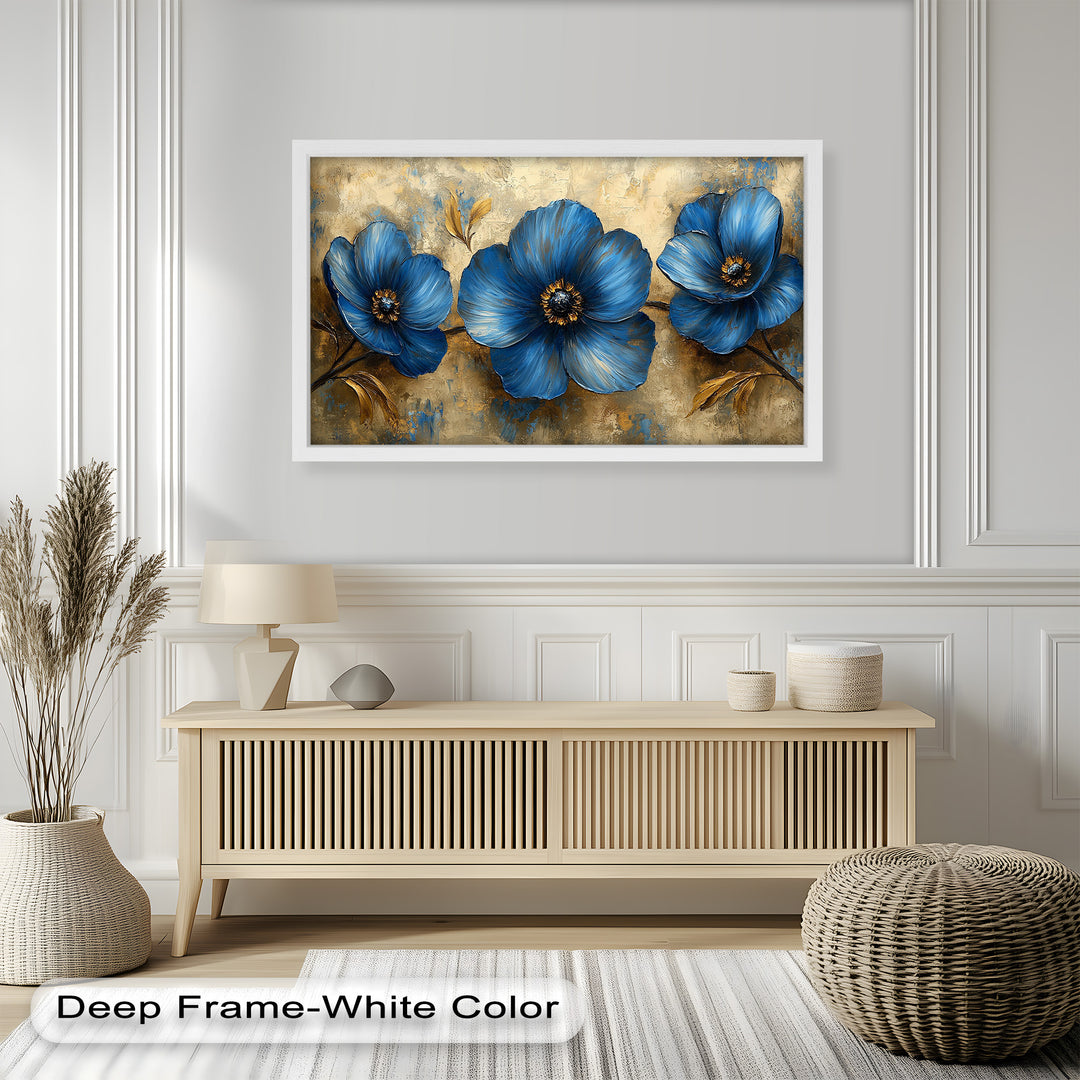 Golden Beige Elegance – Royal Blue Floral Trio Flower Oil Painting