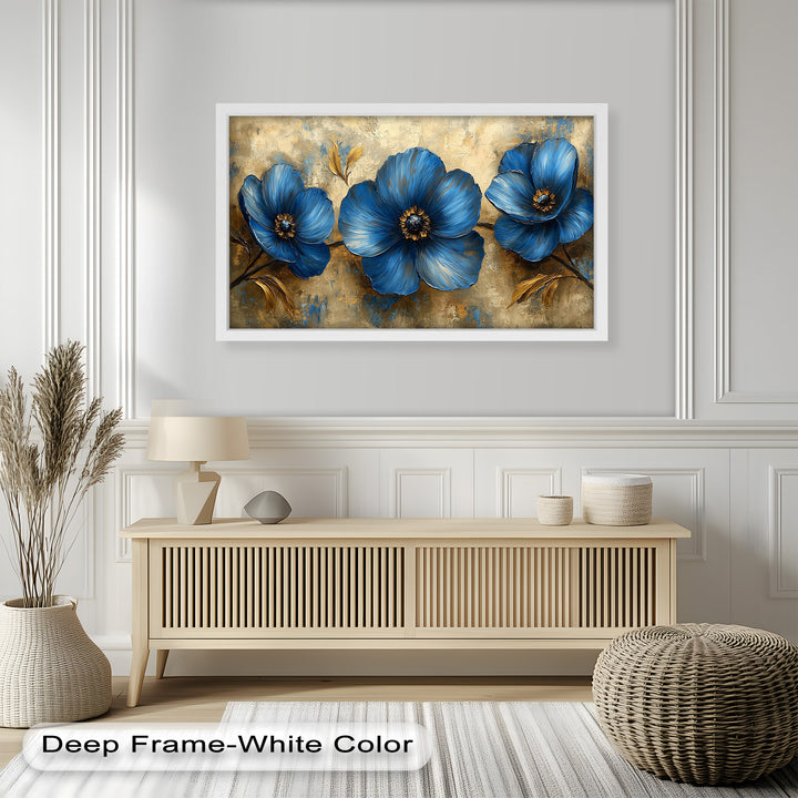 Golden Beige Elegance – Royal Blue Floral Trio Flower Oil Painting
