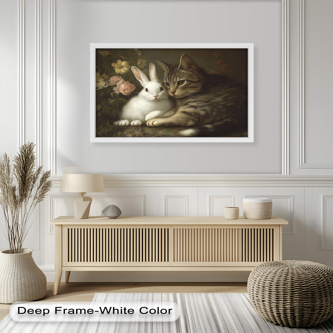Cat and Rabbit in Floral Harmony - Animal Oil Painting