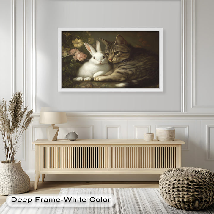 Cat and Rabbit in Floral Harmony - Animal Oil Painting
