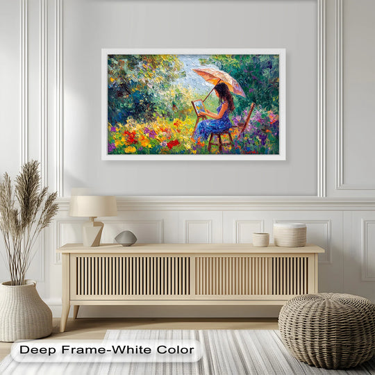 Highlighting the geometric elements, the colorful garden scene oil painting home decor showcases rectangular framing that juxtaposes the organic forms of the artwork.