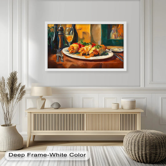 The stillness of a gourmet dining scene is captured in this oil painting reproduction print, showcasing stuffed peppers and a wine bottle in a moment of perfect calm.