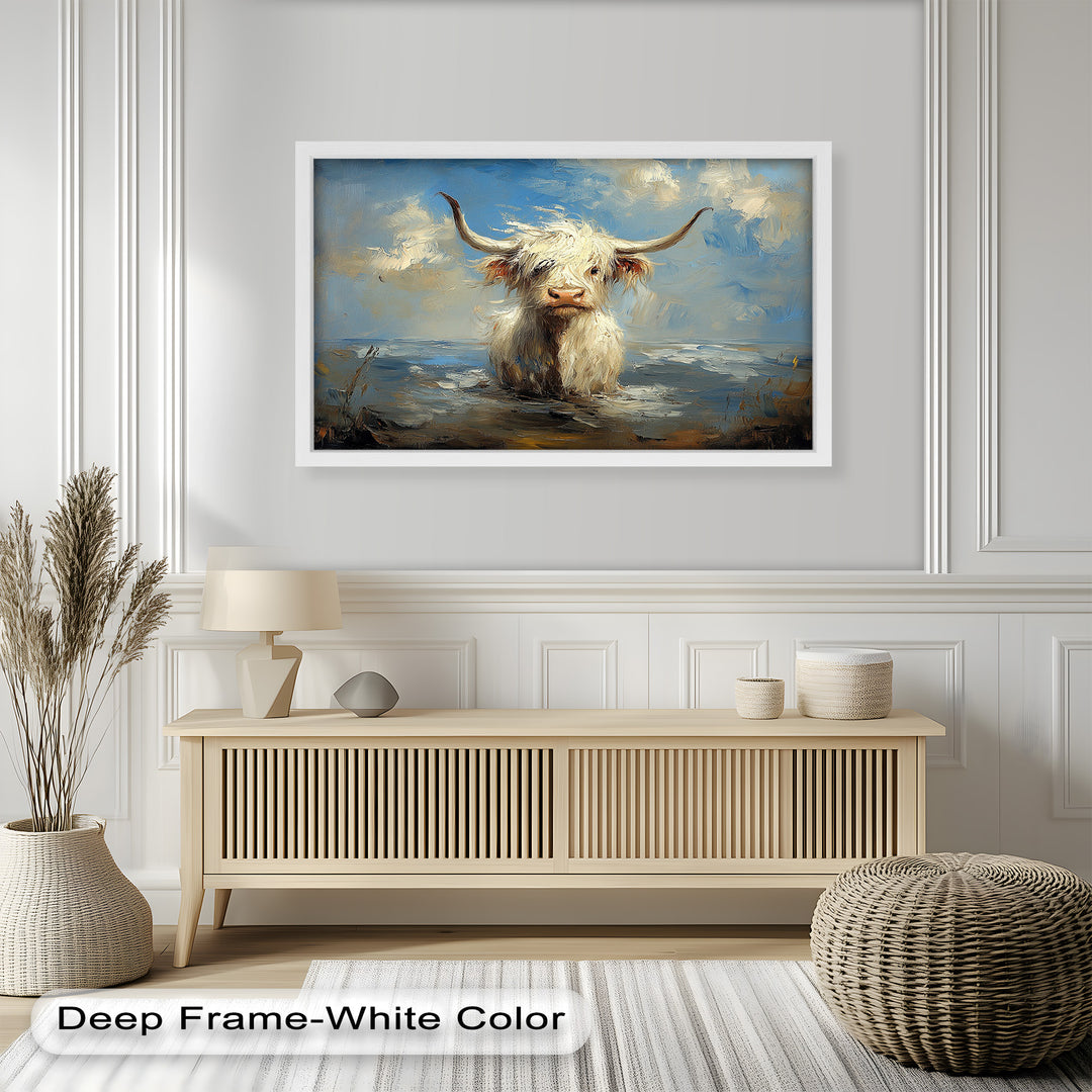 Highland Cow in Coastal Waters – Animal Oil Painting