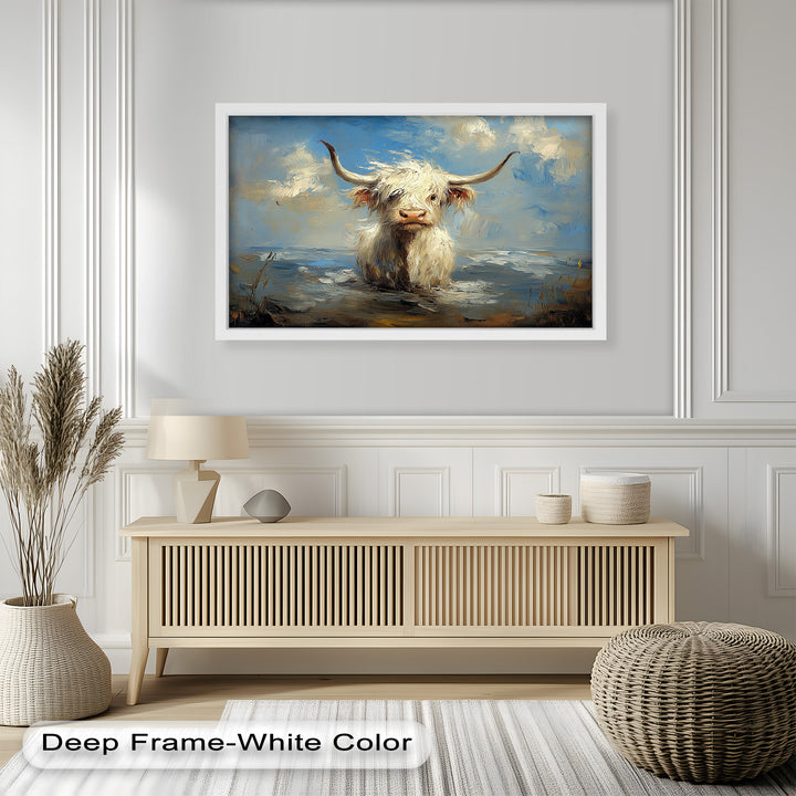 Highland Cow in Coastal Waters – Animal Oil Painting