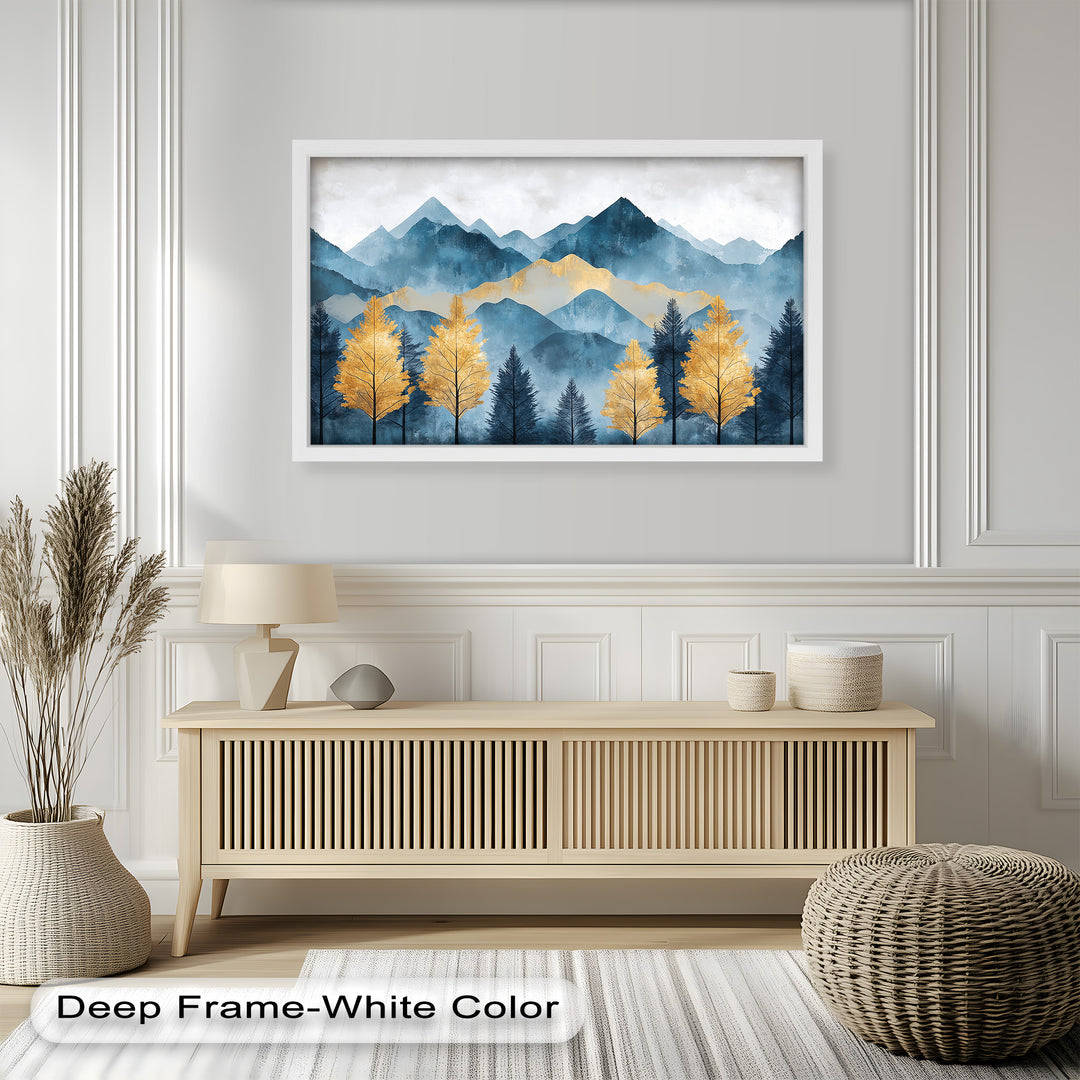 Bring the serenity of nature into your home with this breathtaking oil painting. Featuring layered blue mountains and golden trees, this contemporary landscape framed wall art adds a bold yet calming presence to any space.