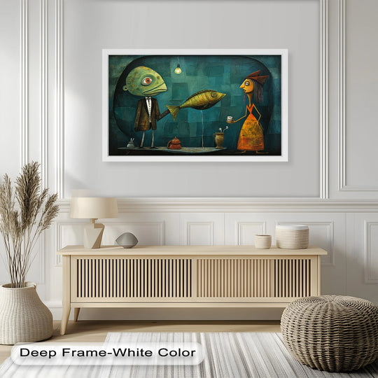 Cool color temperature highlights the intriguing teal background of this 'The Offering' surreal tea exchange Picasso oil painting, enhancing the whimsical charm of the figures.