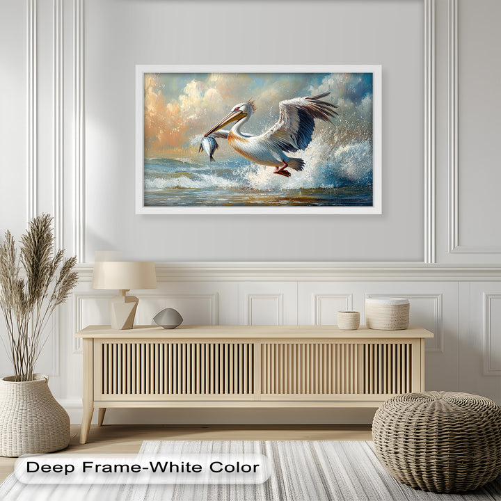 Pelican Catching Fish in Ocean Surf – Animal Oil Painting