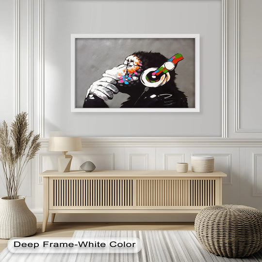 Finished with exquisite detail, this oil painting reproduction print showcases a contemplative chimp with headphones in a vivid, colorful Banksy-inspired style.