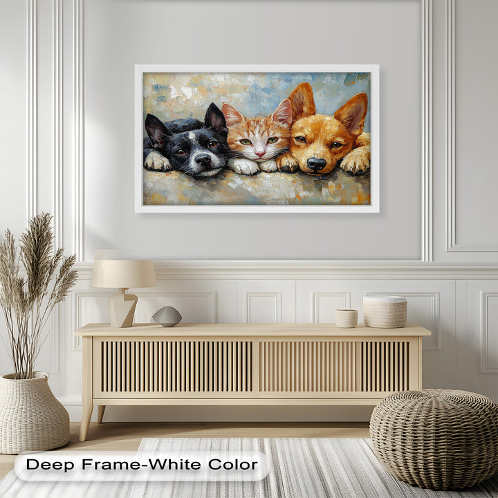 Cat and Dogs Resting Together - Animal Oil Painting
