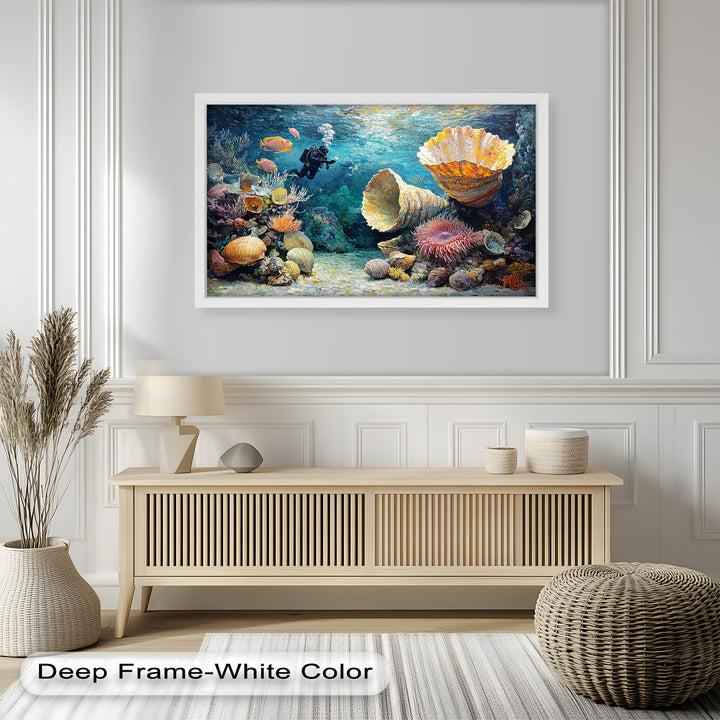 Diver Exploring Coral Reefs with Giant Shells - Animal Oil Painting