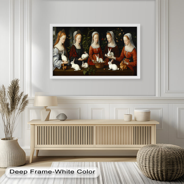 Maiden Garden Gathering – Renaissance Rabbit Portrait Oil Painting
