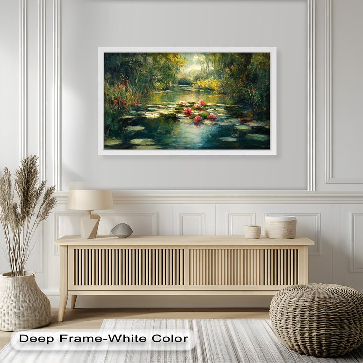 Tranquil Water Lilies in Sunlit Pond – Impressionist Oil Painting