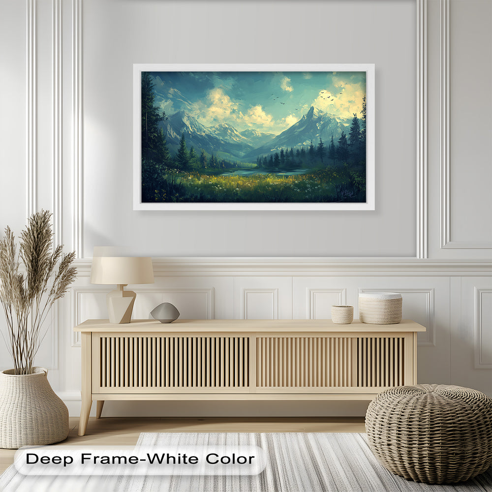 This atmospheric landscape captures the untouched beauty of nature, as a crystal-clear lake reflects the towering mountains and a golden glow filters through the dense evergreen forest.