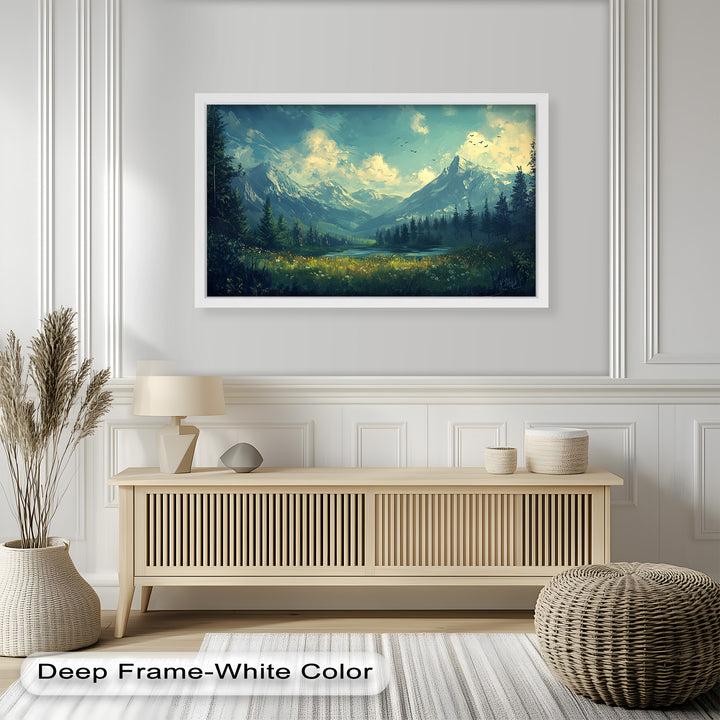 This atmospheric landscape captures the untouched beauty of nature, as a crystal-clear lake reflects the towering mountains and a golden glow filters through the dense evergreen forest.