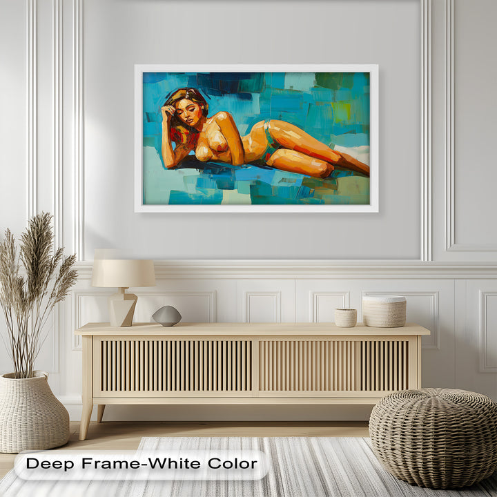 Tropical Repose – Reclining Woman with Ocean Tones Oil Painting