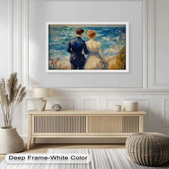 Behind the impressionist lovers by the sea, the vibrant oil painting artwork depicts a turbulent ocean scene with expressive brushstrokes and dynamic color.