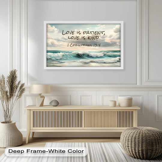 Peaceful ocean painting with waves and 1 Corinthians 13:4 about love.
