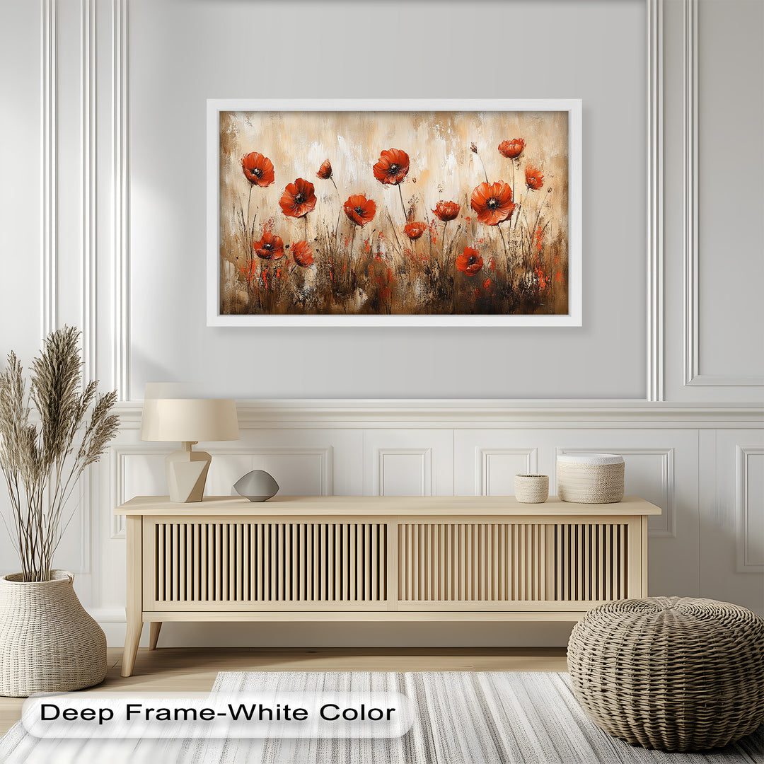 Fiery Meadow – Scarlet Poppies in Earth-Toned Field Flower Oil Painting